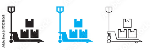 Hand pallet truck icons with cargo boxes. Set of vector icons showing manual pallet jacks carrying stacked cargo boxes, representing warehouse, logistics, and material handling concepts.

