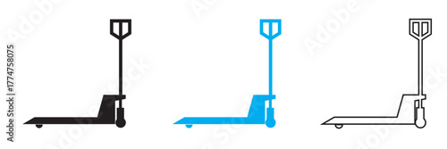 Hand pallet truck icons with cargo boxes. Set of vector icons showing manual pallet jacks carrying stacked cargo boxes, representing warehouse, logistics, and material handling concepts.

