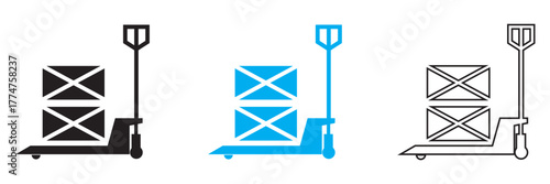 Hand pallet truck icons with cargo boxes. Set of vector icons showing manual pallet jacks carrying stacked cargo boxes, representing warehouse, logistics, and material handling concepts.

