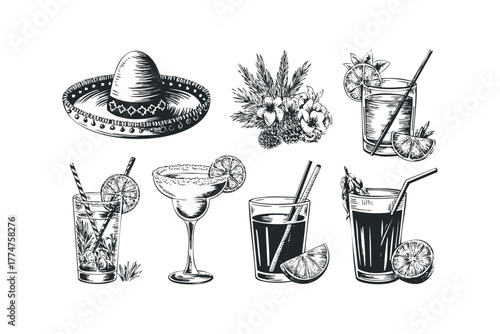 Sombrero and assorted drinks with citrus and foliage