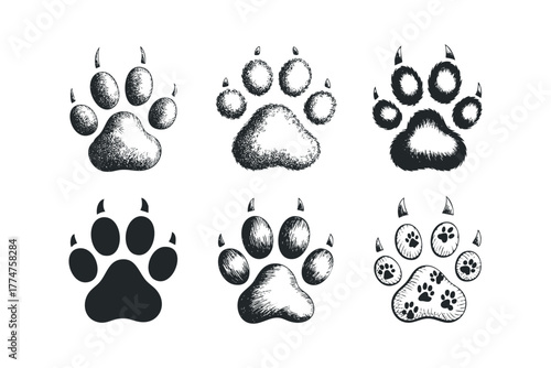 Set of six diverse animal paw print graphics