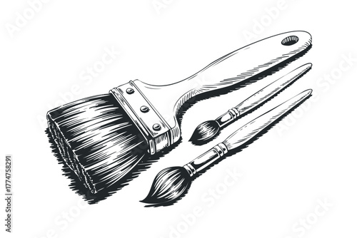 Three Hand-Drawn Paint Brushes on White Background