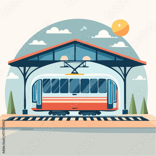 A colorful illustration of a tram at a station with a blue sky and sun in the background.