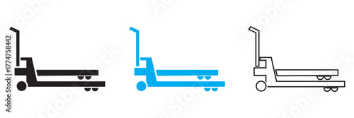 Hand pallet truck icons with cargo boxes. Set of vector icons showing manual pallet jacks carrying stacked cargo boxes, representing warehouse, logistics, and material handling concepts.

