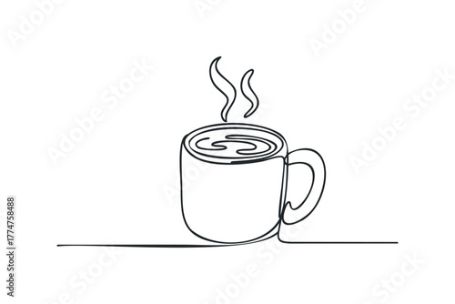 Minimalist single line drawing of a steaming coffee mug
