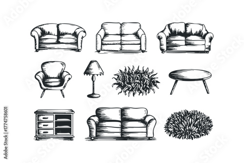 Collection of Sketch Style Furniture and Plant Elements