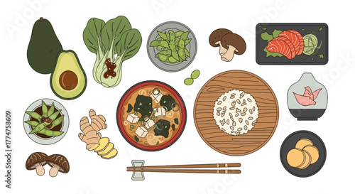 Japanese Cuisine Vector Art Illustration Featuring Miso Soup, Sushi, Edamame, and Rice Bowl. Ideal for Restaurant Menus, Dietary Guides, or Culinary Blogs.