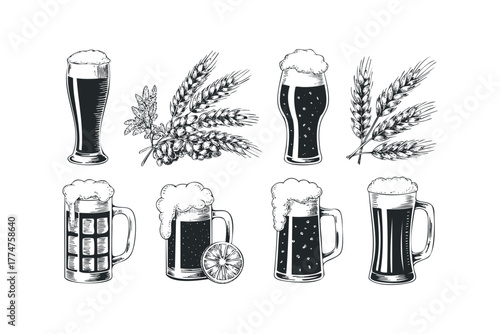 Collection of Various Beer Glasses with Wheat Stalks and Garnish