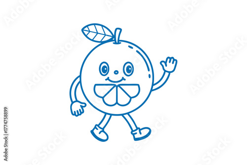 Whimsical citrus character strides forward, waving cheerfully with a playful and cartoonish vibe