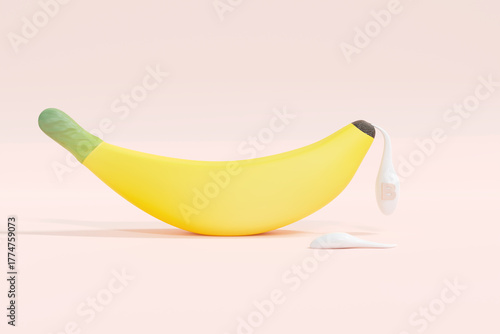 3D illustration of a banana shedding a drop of liquid labeled 'B' (for Vitamin B) helps strengthen sperm in a minimalist, pastel pink setting, representing nutrition and supplements. 3d render.