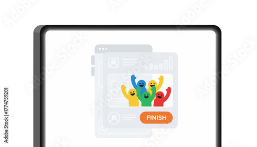 Successful Project Completion Screen Showing a Cheering Diverse Team Illustration on a Digital Tablet Interface (UX/UI Concept)