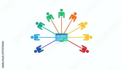 Centralized Social Network Connection and Team Collaboration Illustration. Diverse users linking to a digital interface hub.