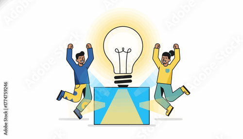 Innovation Success Concept: Happy diverse team celebrating a breakthrough idea with a glowing lightbulb illustration on a clean white background.