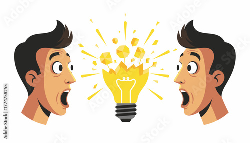 Explosive Idea Concept: Two Men Reacting to a Bursting Lightbulb Symbolizing a Sudden Creative Breakthrough, Innovation, or Eureka Moment.