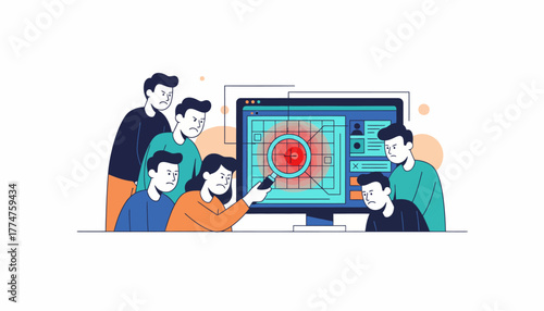 Critical Team Review of Failure Data. Group of Frustrated Colleagues Debugging a Problem, Seeking Root Cause Analysis and Error Detection.