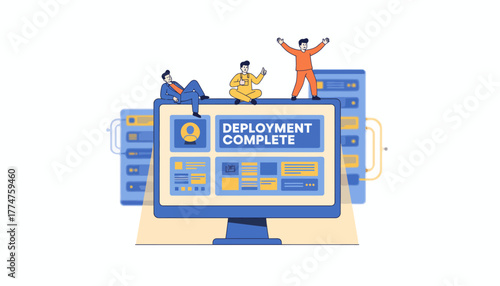 Successful IT Deployment Complete. Happy Development Team Celebrating Software Release and Infrastructure Success.