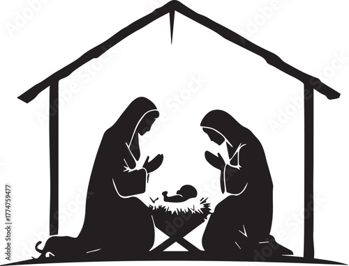 Nativity scene under stable silhouette — black and white illustration of Mary, Joseph, and baby Jesus with prayerful reverence