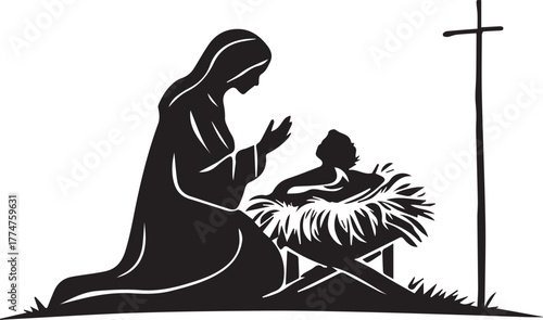 Nativity scene silhouette — black and white illustration of Mary praying beside baby in manger with cross symbol of faith