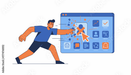 Digital Account Deletion Concept. Man aggressively punching and breaking a user profile icon on a web browser interface, symbolizing termination and data removal.