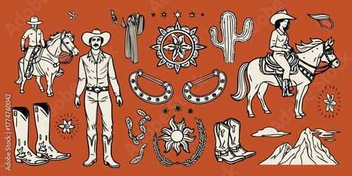 Collection of western cowboy and cowgirl elements with horses cacti and boots on orange background