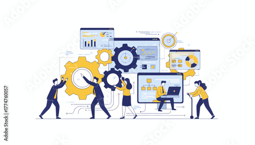 Teamwork Process Optimization and Data Analysis. Business people collaborate to turn mechanical gears and manage dashboards for workflow efficiency.