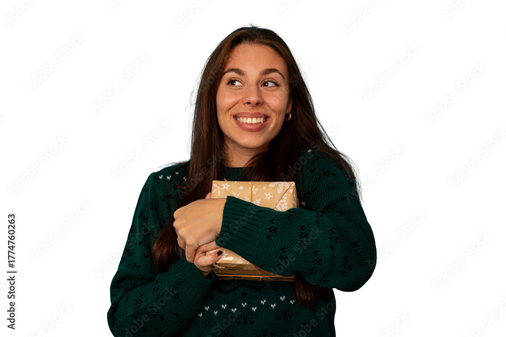 Fototapeta premium Happy young woman receiving christmas present, smiling holding gift box wearing festive green sweater