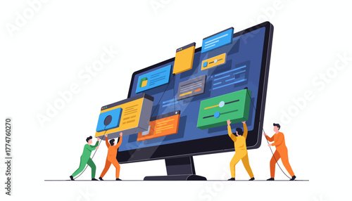 Collaborative Web Development and UI/UX Design: Team Configuring Software Interface Elements on a Giant Monitor