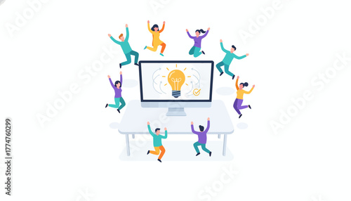 Team Celebration of a Brilliant Idea Breakthrough: Diverse Group Jumps in Excitement Around a Monitor Displaying a Lightbulb Icon.