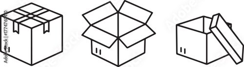 Three isometric line art boxes one sealed one open one with lid ajar packaging shipping