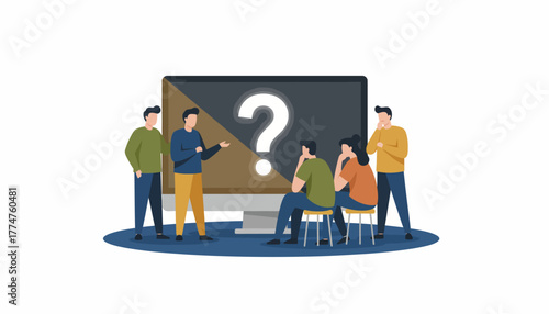 Team Brainstorming and Problem Solving Around a Question Mark on a Large Screen. Business strategy and uncertainty concept.