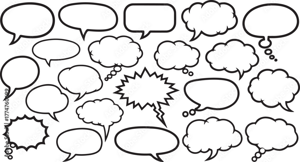 Fototapeta premium Various speech and thought bubbles in black outline speech bubbles comic style
