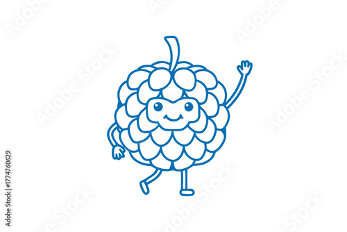 Custard apple character happily waves its hand, featuring a simple blue line
