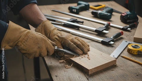 Photograph of a carpenter's hands carving wood with a chisel in a workshop.