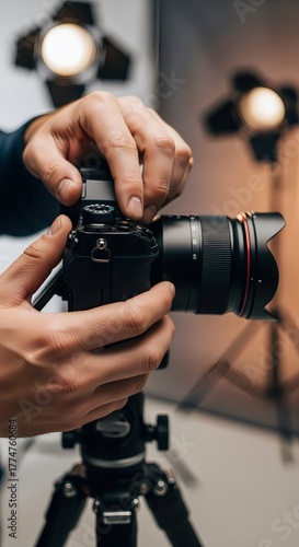 Photograph of a photographer's hands adjusting a professional camera on a tripod in a studio.