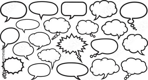 Various speech and thought bubbles in black outline speech bubbles comic style