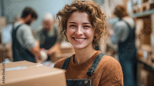 Young cheerful volunteer working at charity center and giving free food donation box for people in need in charitable foundation. Humanitarian aid, volunteering and social help for poor concept.