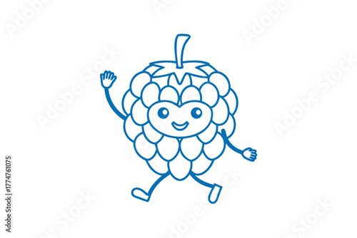 Happy cartoon raspberry character cheerfully waves while walking with its adorable smile and tiny arms