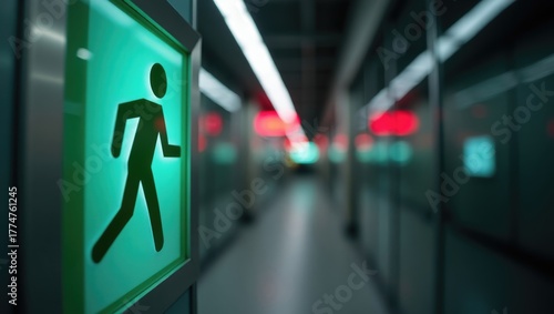 Emergency Exit Sign with Running Man Symbol in Modern Building Interior