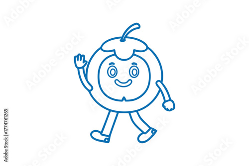Cute blue outline cartoon fruit character cheerfully walking and waving on white background