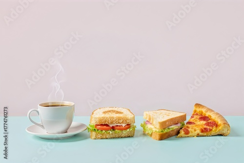 Photograph of a coffee break with sandwiches and pizza on a pastel background.