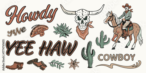 Western cowboy elements featuring howdy yee haw skull cactus boots and horse rider
