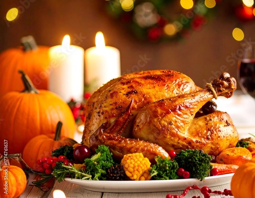 Festive Thanksgiving Feast - Roasted Turkey and Holiday Decorations.