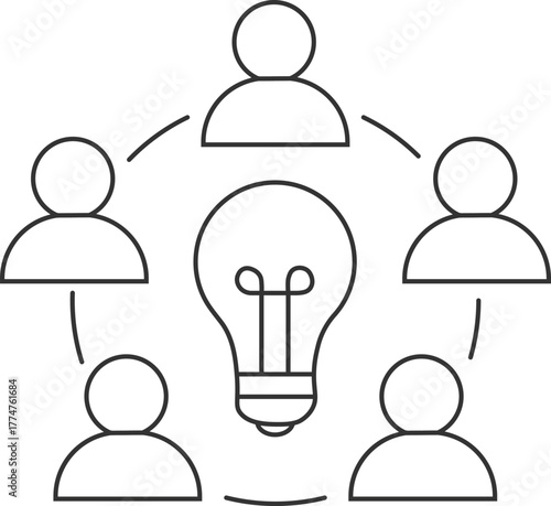 Team brainstorming concept illustration, minimalist line art of a light bulb surrounded by connected people icons, isolated on a white background