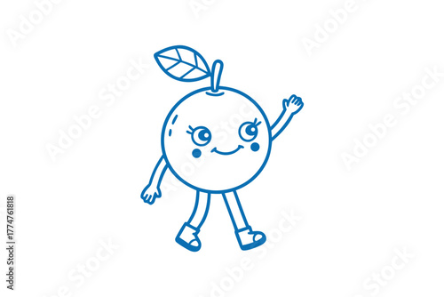 Joyful citrus fruit character is walking and happily waving its hand on white