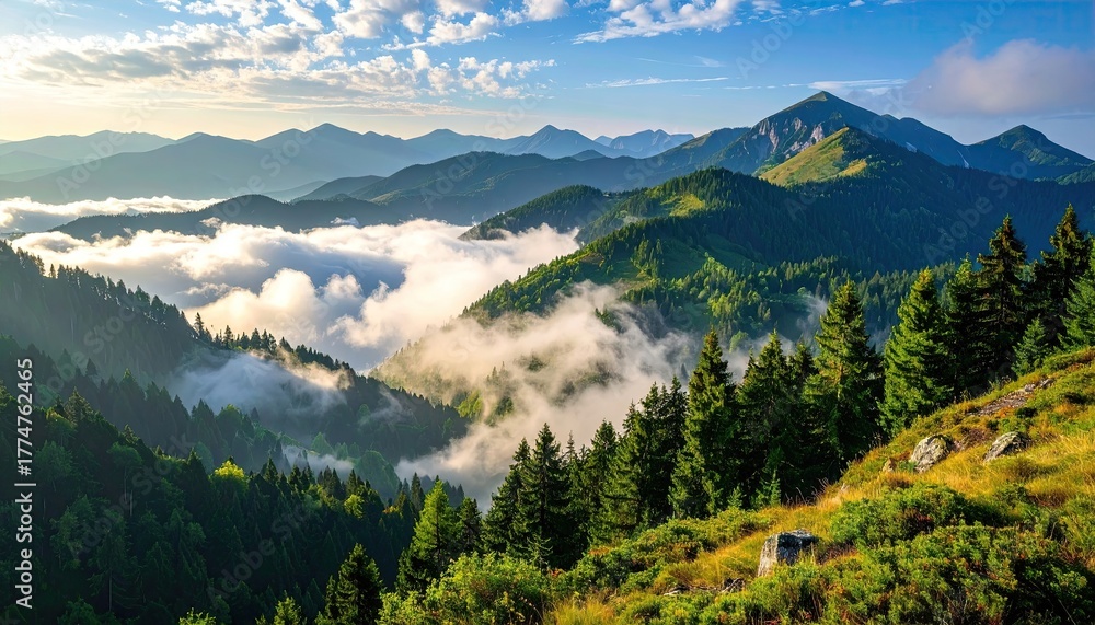 Obraz premium Rolling Green Mountain Peaks With Wispy Clouds And Sunlight Breaking Through Lush Forest Trees On A Sunny Morning