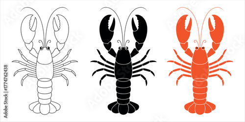 Minimalist Top View Lobster Icon Set Vector. Essential graphics representing Seafood, Fine Dining, Crustacean, Ocean Life, and Gourmet Cuisine concepts. Perfect for restaurant menus and market.
