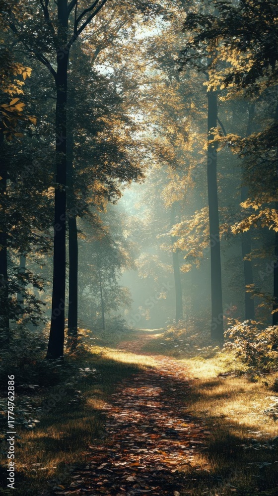 Obraz premium Peaceful cartoon forest with green trees and sunlight, great for adventure, nature background, or children story illustration.