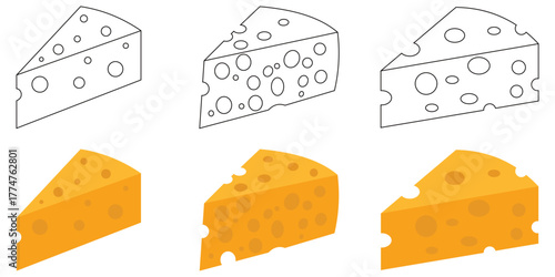 Swiss Cheese Wedge Icon Set – Minimal Line and Flat Vector Illustrations 
of Dairy Food Slice, Emmental Cheese Block, and Gourmet Snack Symbols