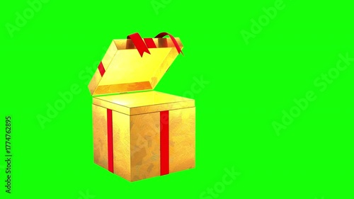 3D animation features three elegant gift boxes in gold, white, and red colors that rotate and open their lids to reveal a glowing light inside, against a green screen background and luma matte