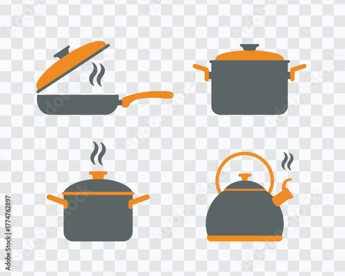 Modern Kitchen Cookware Icons Set for MR Design – Pans Pots Kettle Steam Flat Style Vector